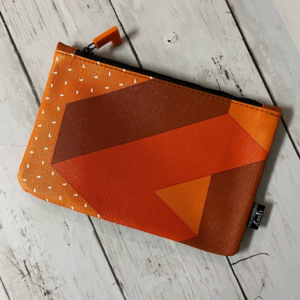 Ipsy Tetris Zippered Cosmetic Bag, Orange Shades Geometric Design, Makeup Pouch